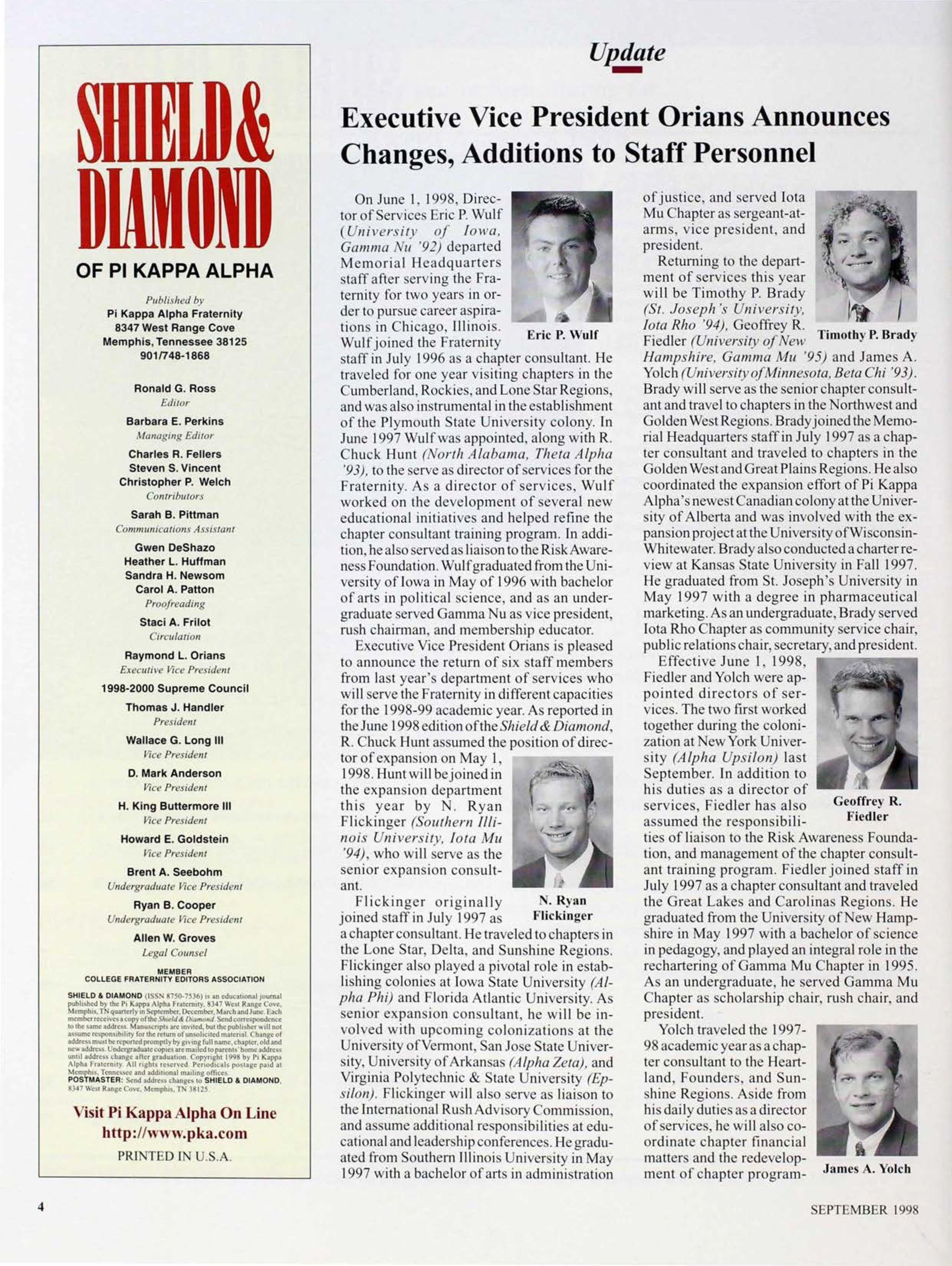 Update: Executive Vice President Orians Announces Changes, Additions to Staff Personnel